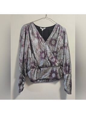 Maison D'amelie Metallic Silver Wrap Long Sleeve Blouse with Purple Accents Size